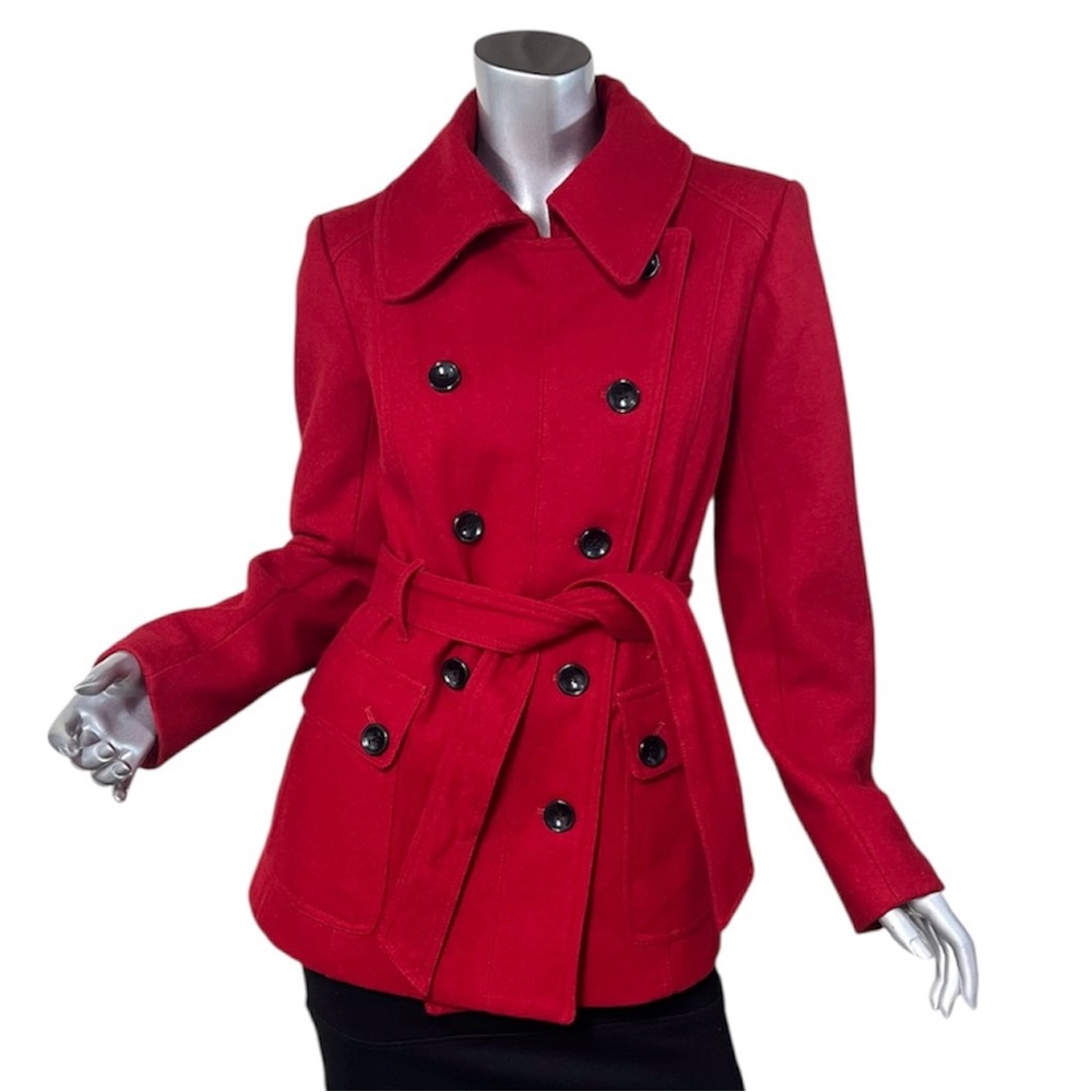New York & Co. Women’s MEDIUM Red Wool Blend Button Front Belted Pea Coat